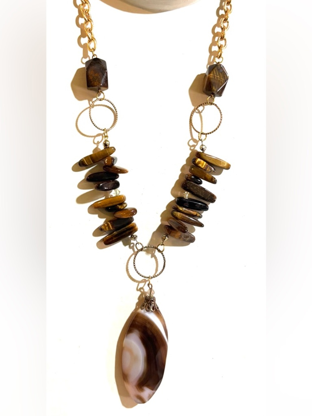 Brown Tiger's Eye Pendant Necklace with Gold-Tone Rings